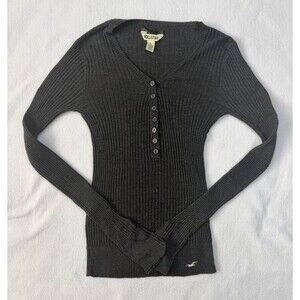 Hollister Women’s Large Ribbed Henley Top Gray Y2K 2000s Long Sleeve Sz L